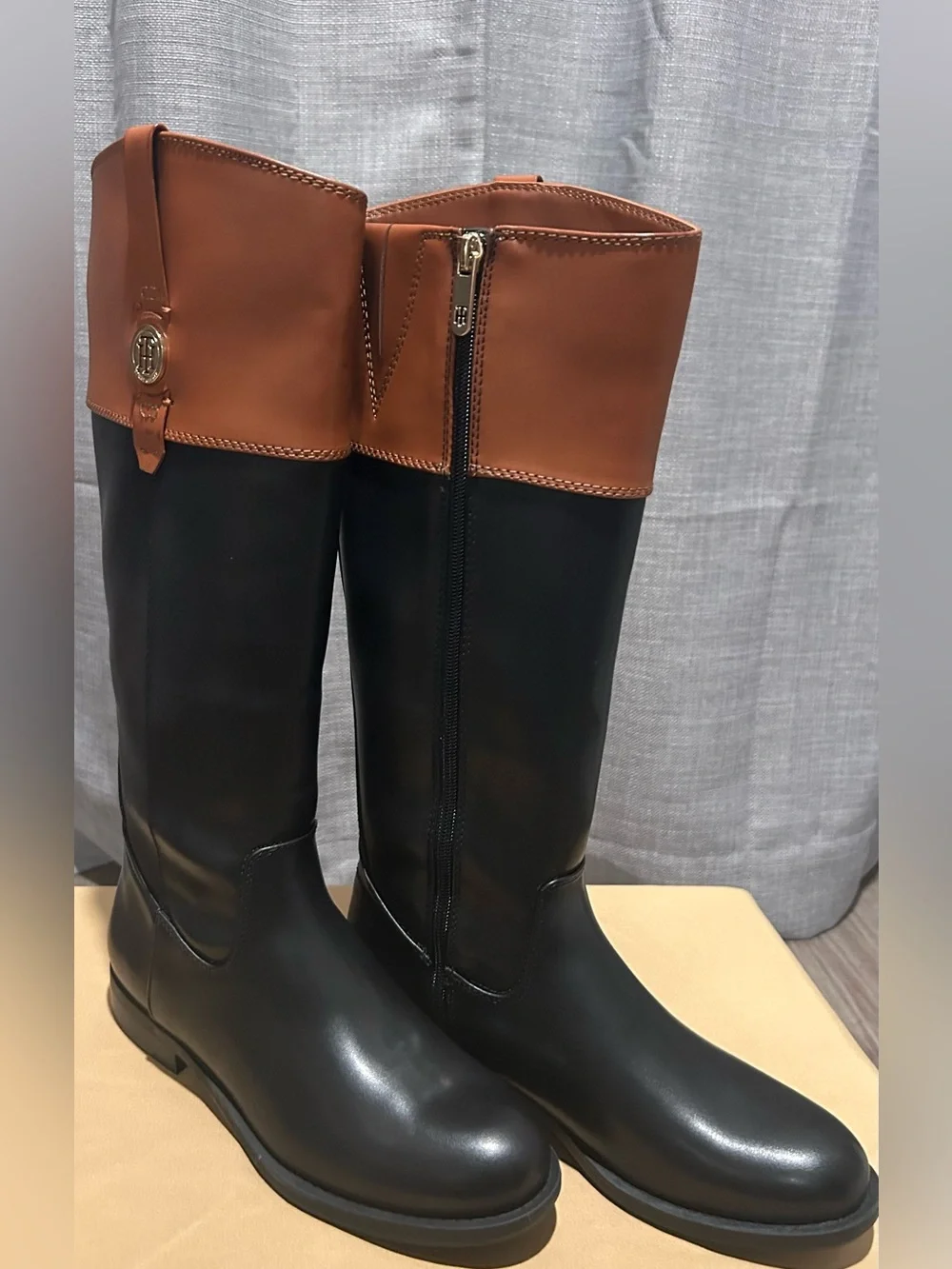 Tommy Hilfiger Black and Brown Tall Fold-Over Riding Boots